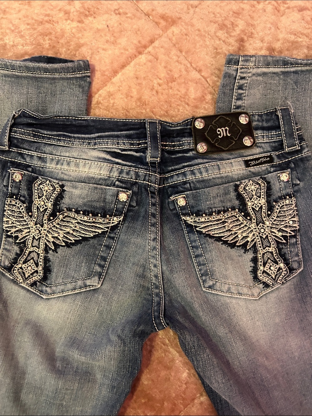 Miss Me Blue Boot Cut Jeans with Embroidered Wing Pockets
